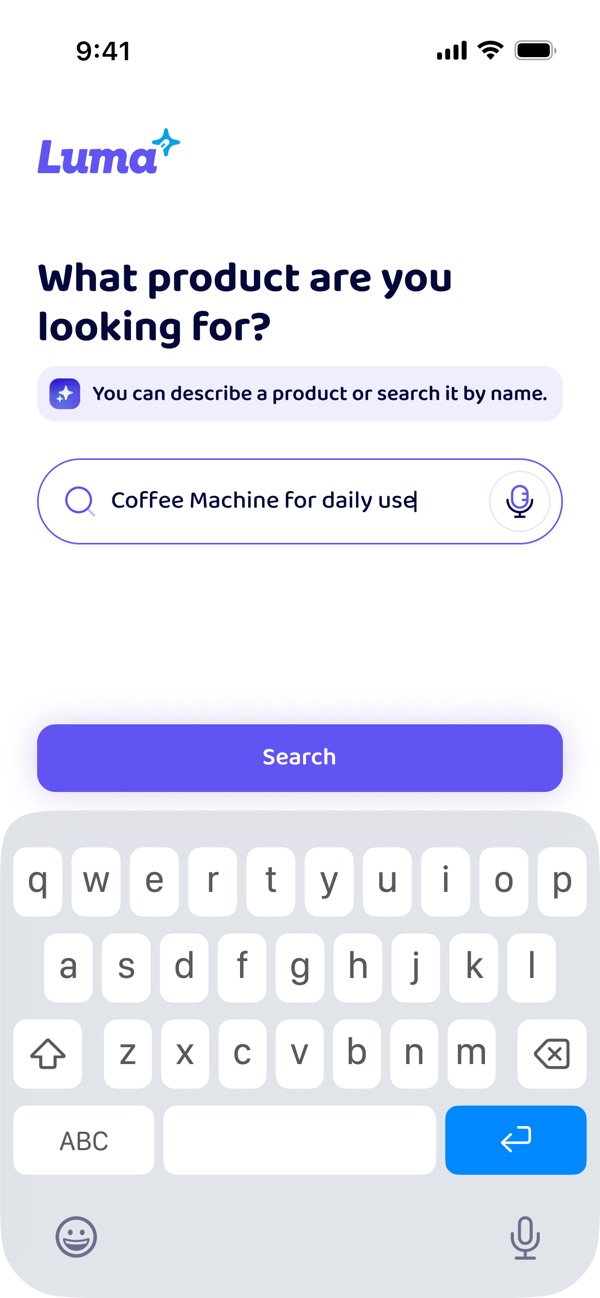 The Luma search screen, asking what product you’re looking for, with "Coffee Machine for daily use" typed into the search field beside a voice-input button.