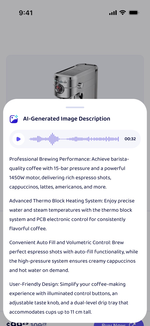 An AI-generated image description for an espresso machine, opened as a sheet over the product page, with a 32-second audio player above the written description.