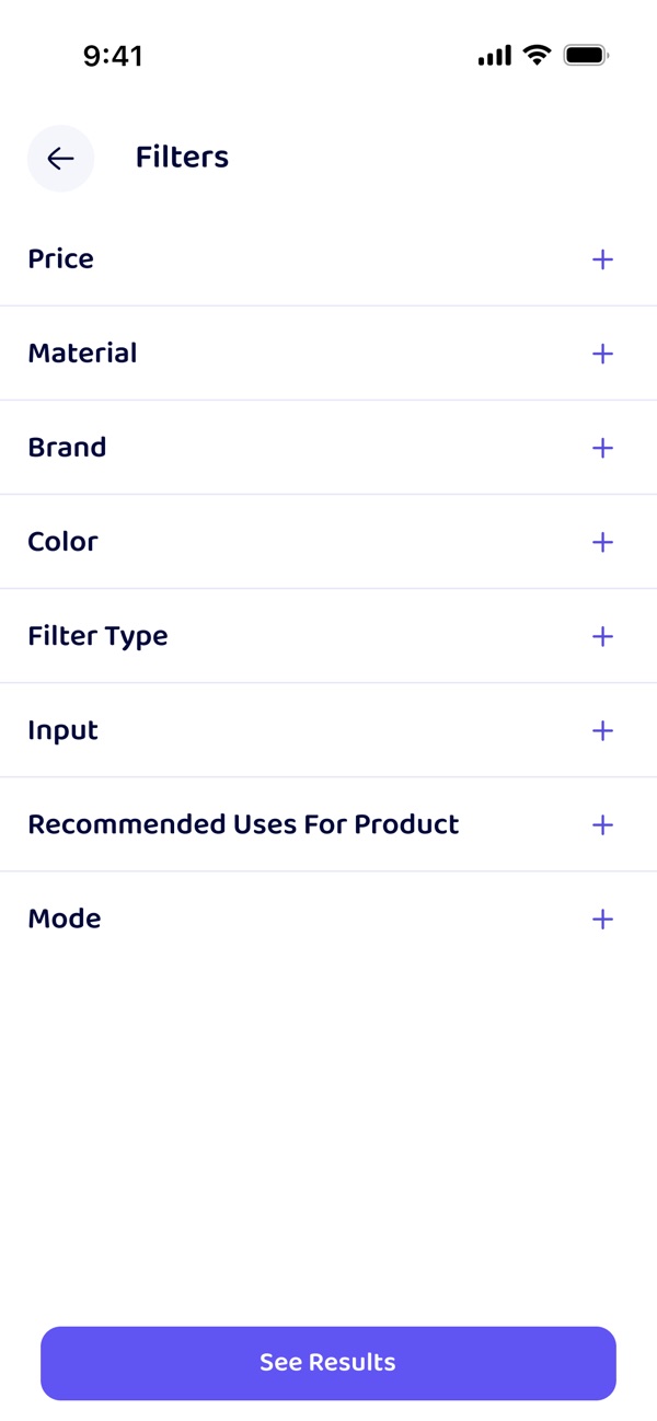 Luma's filter screen, listing Price, Material, Brand, Colour and more as expandable rows above a See Results button.